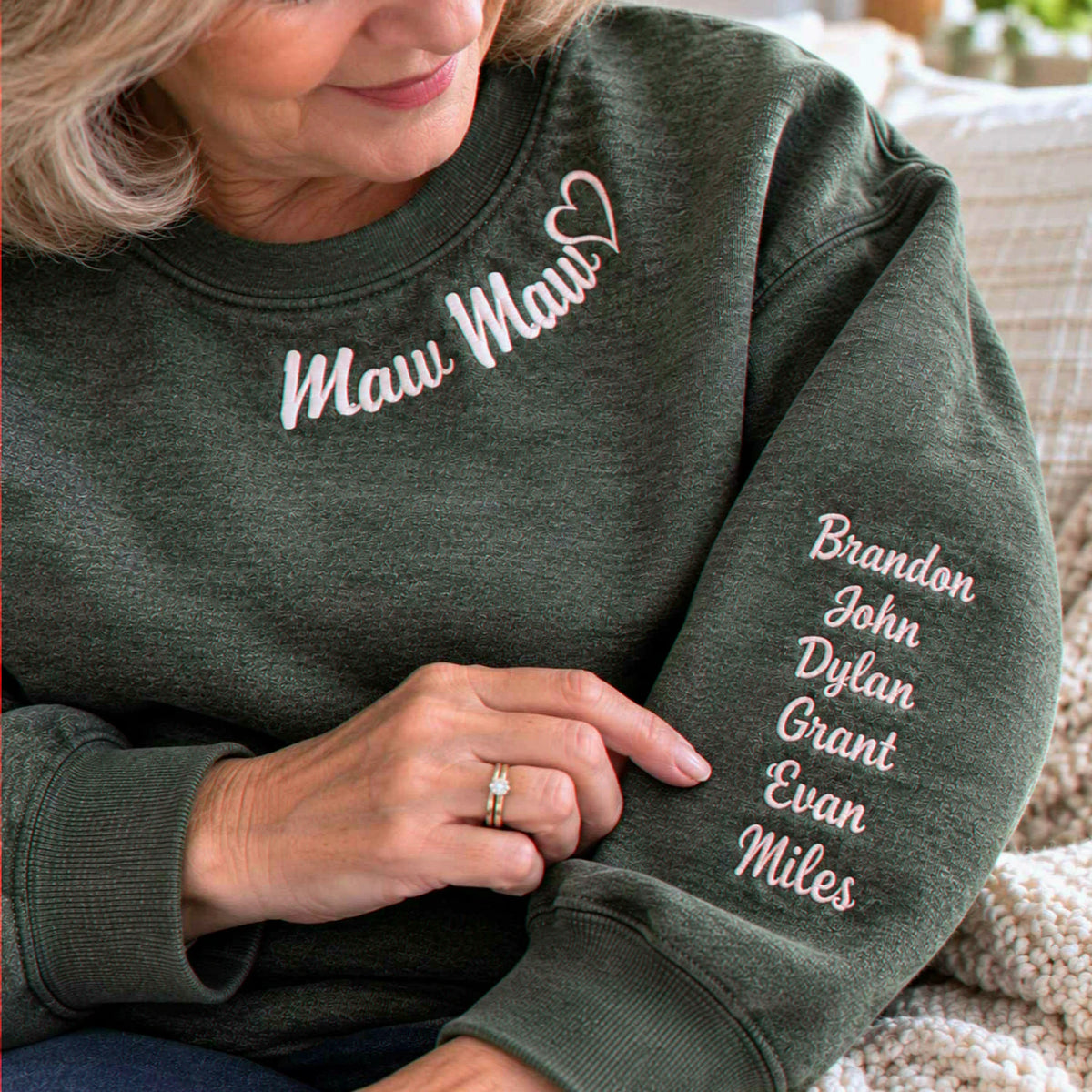 Mawmaw Sweatshirt or Hoodie with Embroidered GrandKids Names on Sleeve