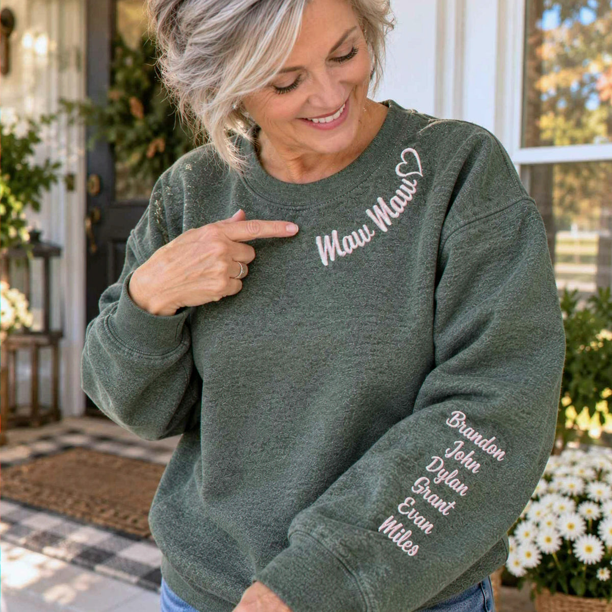 Mawmaw Sweatshirt or Hoodie with Embroidered GrandKids Names on Sleeve