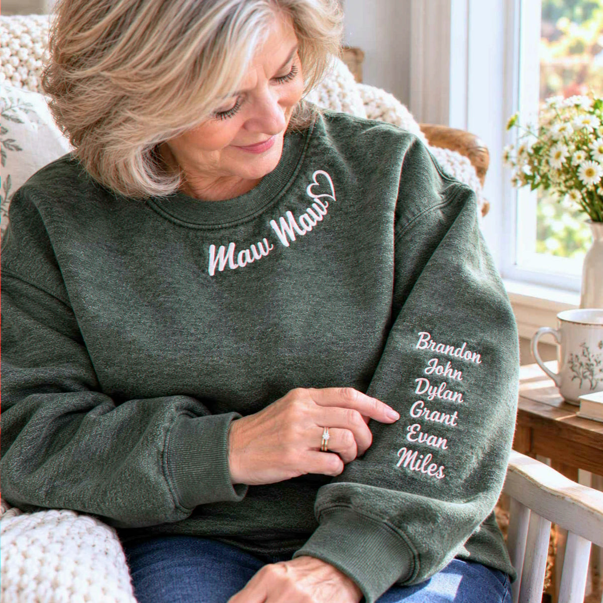 Mawmaw Sweatshirt or Hoodie with Embroidered GrandKids Names on Sleeve