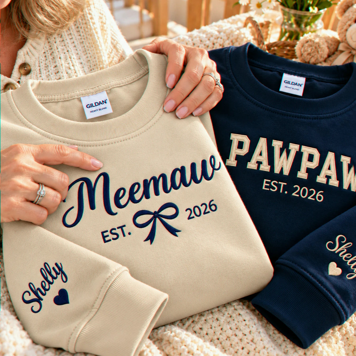 Matching Meemaw and Pawpaw Sweatshirts, Custom Embroidered Name Crewneck, First Christmas Grandparents Gift