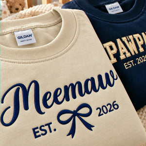 Matching Meemaw and Pawpaw Sweatshirts, Custom Embroidered Name Crewneck, First Christmas Grandparents Gift
