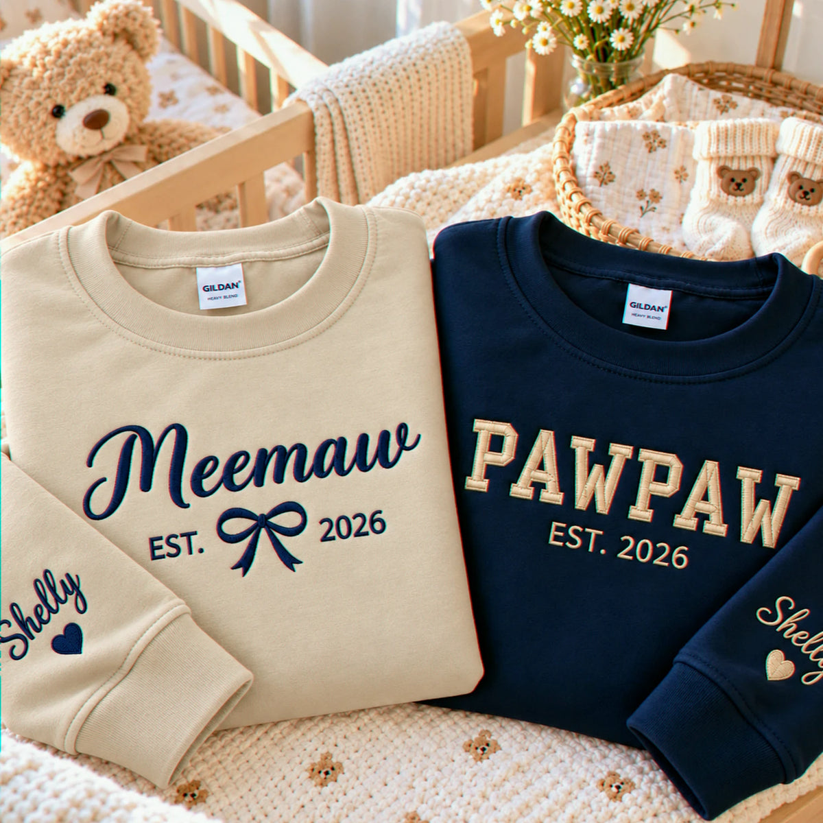 Matching Meemaw and Pawpaw Sweatshirts, Custom Embroidered Name Crewneck, First Christmas Grandparents Gift