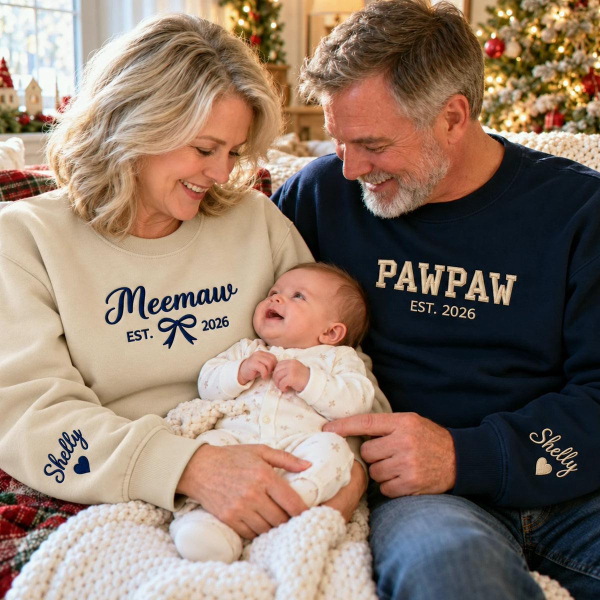 Matching Meemaw and Pawpaw Sweatshirts, Custom Embroidered Name Crewneck, First Christmas Grandparents Gift