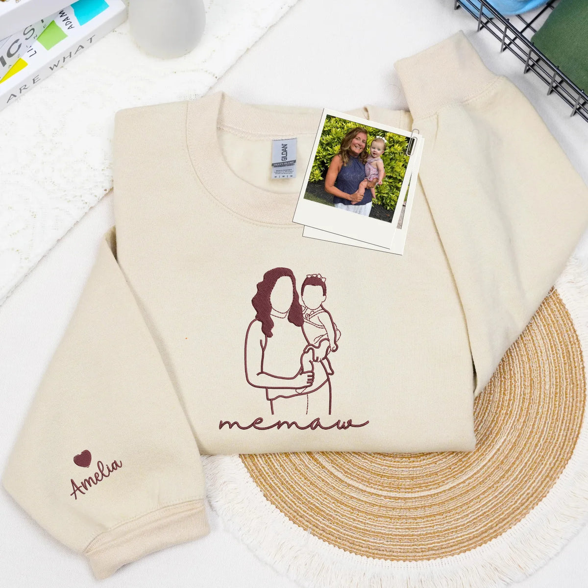 Custom Memaw Photo Line Art Embroidered Sweatshirt Hoodie - Personalized Mother's Day 2026 Gift for Gramdma