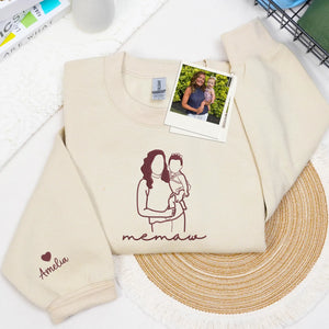 Custom Memaw Photo Line Art Embroidered Sweatshirt Hoodie - Personalized Mother's Day 2026 Gift for Gramdma