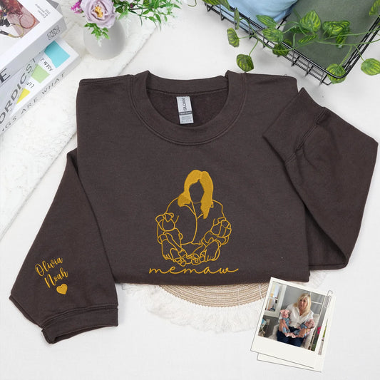 Custom Memaw Photo Line Art Embroidered Sweatshirt Hoodie - Personalized Mother's Day 2026 Gift for Gramdma