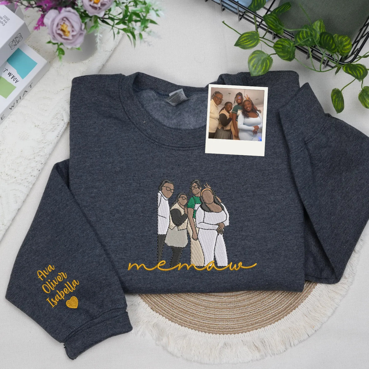 Custom Memaw Photo Portrait Embroidered Sweatshirt Hoodie with with Grandkids' Names on Sleeve