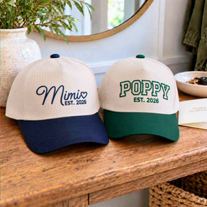 Customized Mimi and Poppy EST 2026 embroidered hats personalized gift for new grandparents