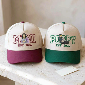 Custom embroidered Mimi and Poppy baseball caps featuring personalized line art portrait and Est 2026 for grandparents