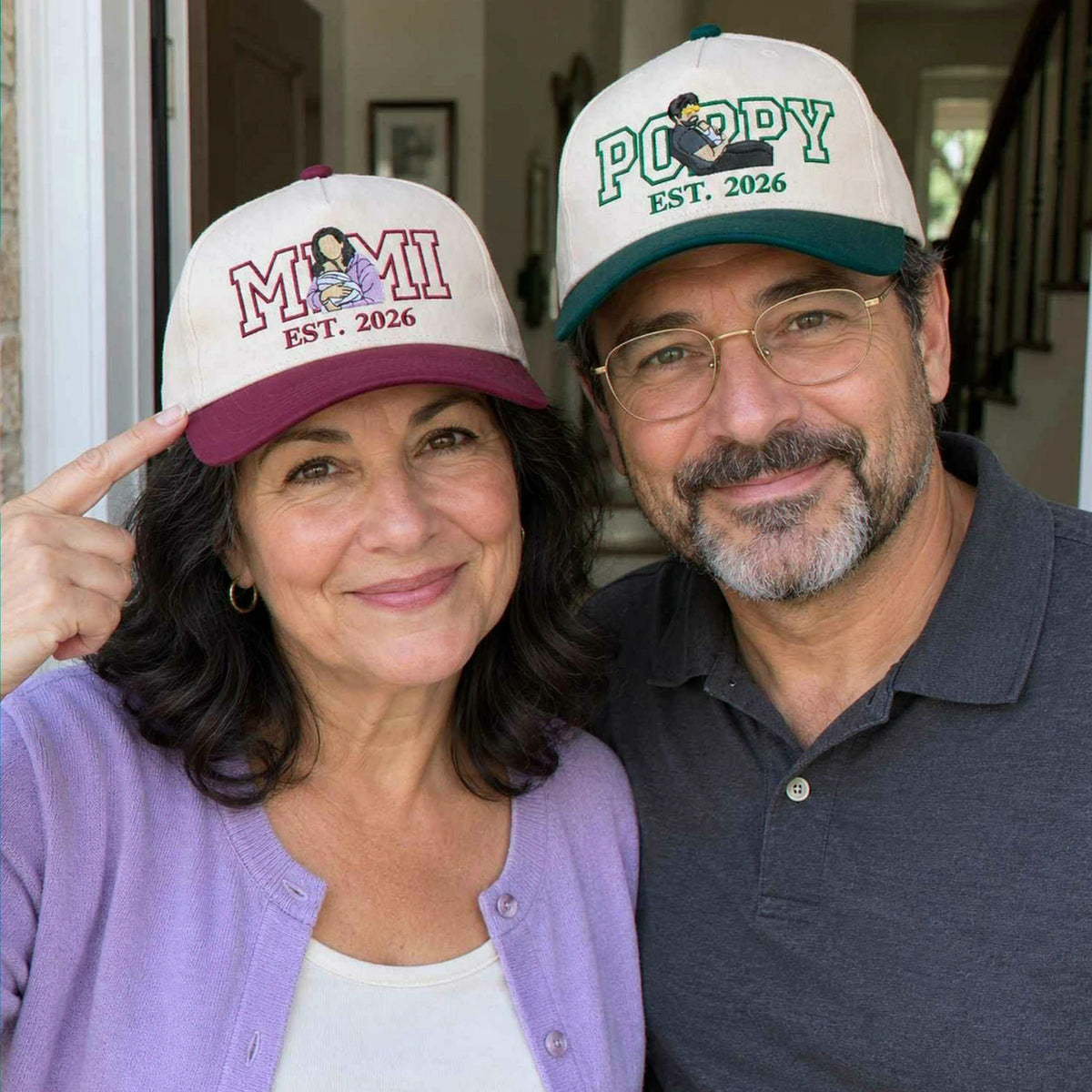 Custom Mimi and Poppy Portrait Snapback Hat, Embroidered from Photo Baseball Cap, Grandma and Grandpa Gifts