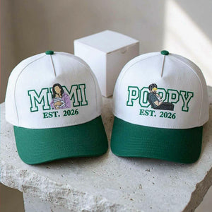 Custom Mimi and Poppy Portrait Snapback Hat, Embroidered from Photo Baseball Cap, Grandma and Grandpa Gifts