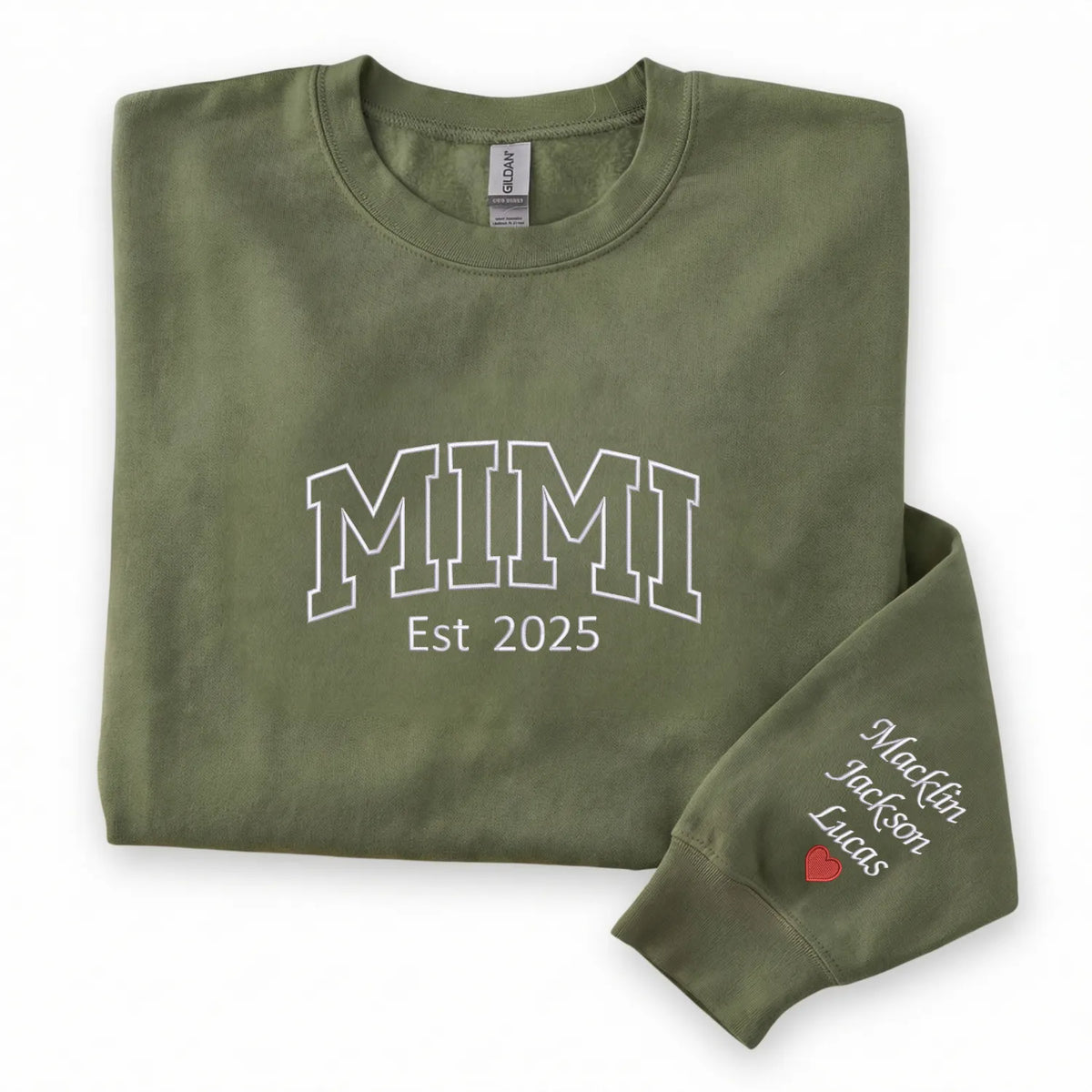 Custom Embroidered Mimi Est Year Sweatshirt with Names on Sleeve