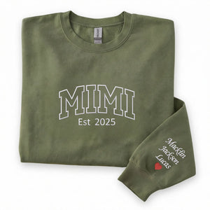 Custom Embroidered Mimi Est Year Sweatshirt with Names on Sleeve