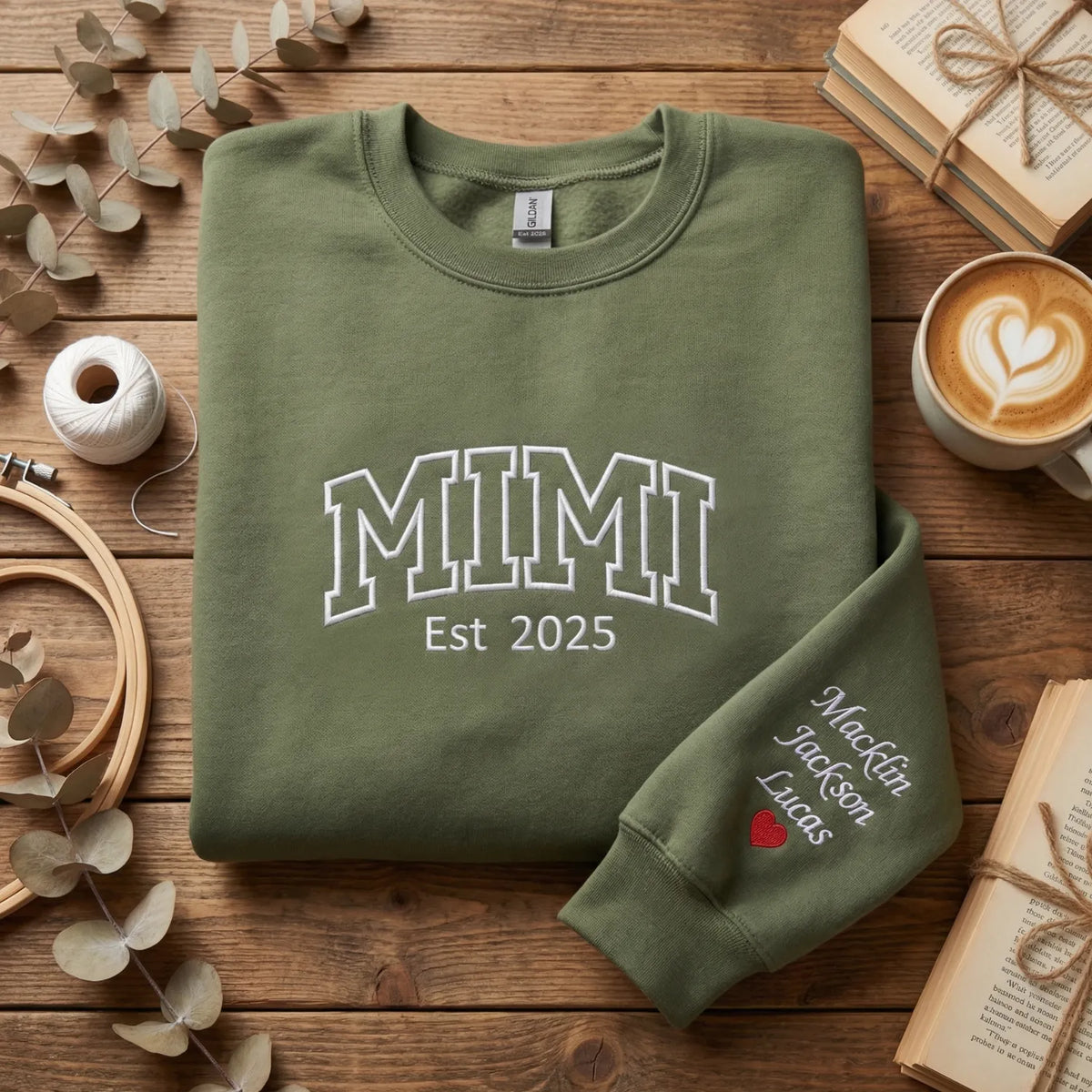 Custom Embroidered Mimi Est Year Sweatshirt with Names on Sleeve