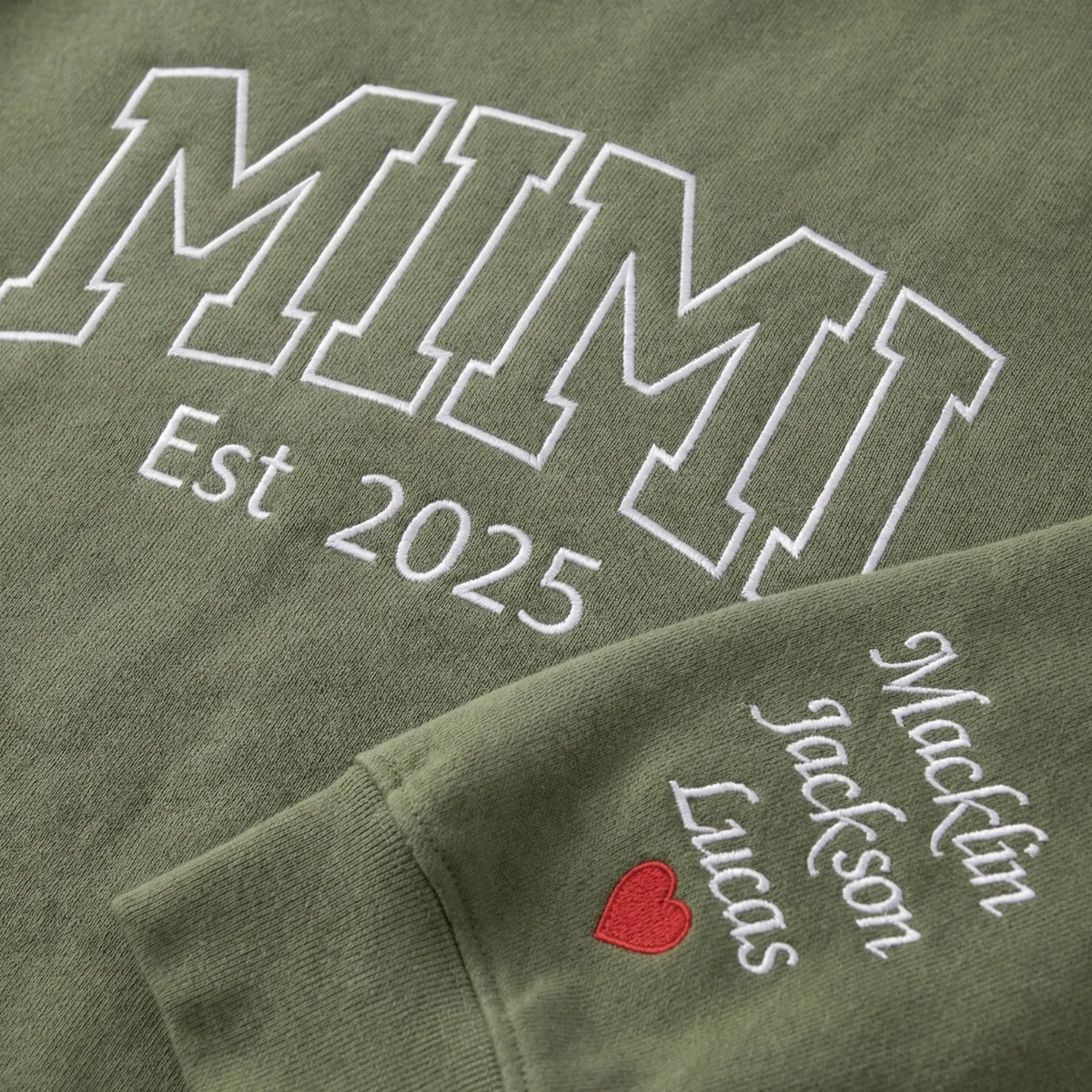Custom Embroidered Mimi Est Year Sweatshirt with Names on Sleeve