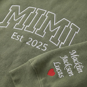 Custom Embroidered Mimi Est Year Sweatshirt with Names on Sleeve