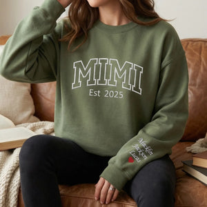 Custom Embroidered Mimi Est Year Sweatshirt with Names on Sleeve