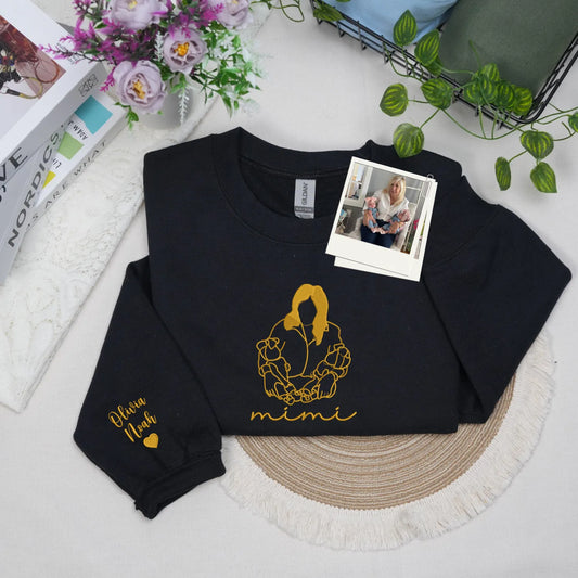 Custom Mimi Photo Line Art Embroidered Sweatshirt Hoodie - Personalized Mother's Day 2026 Gift