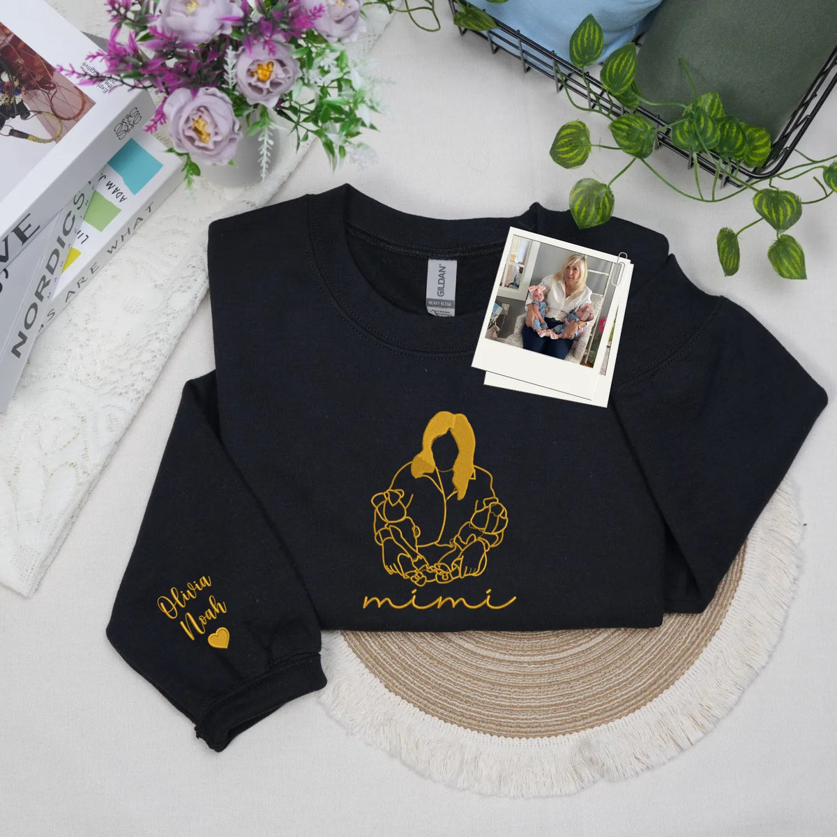 Custom Mimi Photo Line Art Embroidered Sweatshirt Hoodie - Personalized Mother's Day 2026 Gift