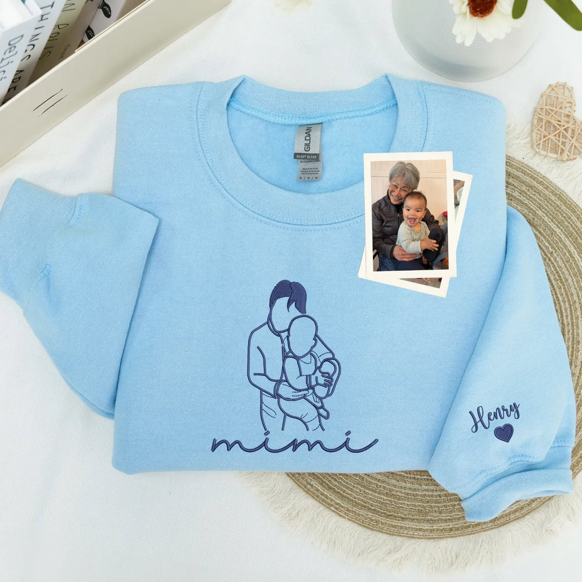 Custom Mimi Photo Line Art Embroidered Sweatshirt Hoodie - Personalized Mother's Day 2026 Gift