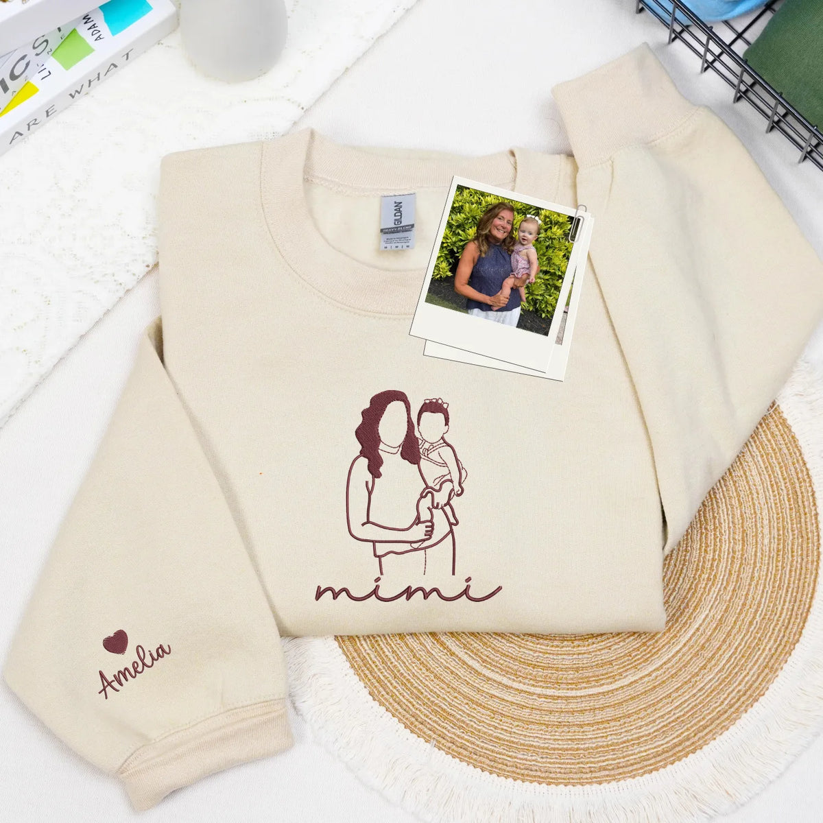Custom Mimi Photo Line Art Embroidered Sweatshirt Hoodie - Personalized Mother's Day 2026 Gift