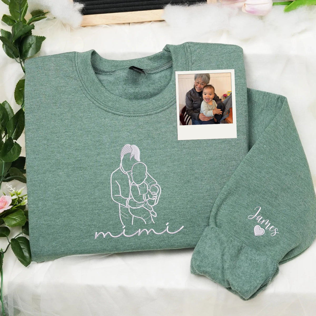 Custom Mimi Photo Line Art Embroidered Sweatshirt Hoodie - Personalized Mother's Day 2026 Gift