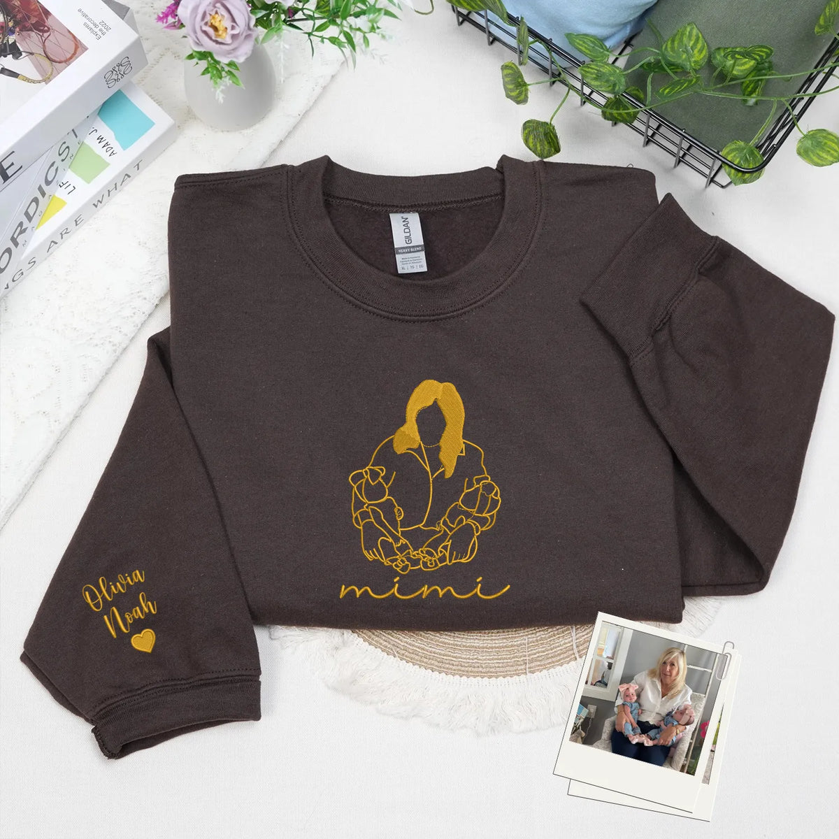 Custom Mimi Photo Line Art Embroidered Sweatshirt Hoodie - Personalized Mother's Day 2026 Gift
