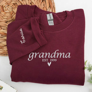 Embroidered Mimi EST Heart Hoodie - Personalized Grandkid Names, Promoted to Mimi Gift