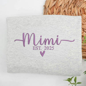 Embroidered Mimi EST Heart Hoodie - Personalized Grandkid Names, Promoted to Mimi Gift