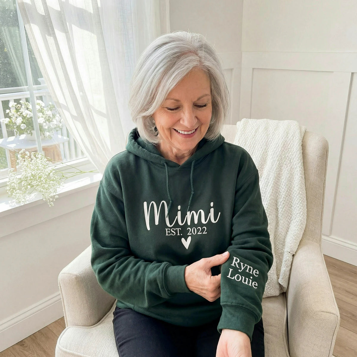 Embroidered Mimi EST Heart Hoodie - Personalized Grandkid Names, Promoted to Mimi Gift