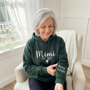 Embroidered Mimi EST Heart Hoodie - Personalized Grandkid Names, Promoted to Mimi Gift