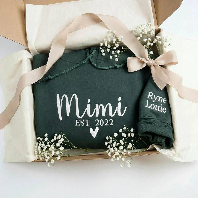 Embroidered Mimi EST Heart Hoodie - Personalized Grandkid Names, Promoted to Mimi Gift