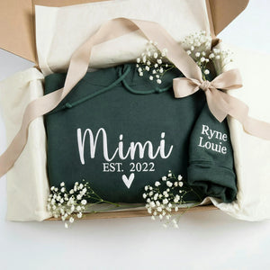 Embroidered Mimi EST Heart Hoodie - Personalized Grandkid Names, Promoted to Mimi Gift