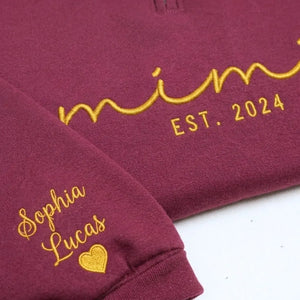 personalized mimi quarter zip sweatshirt embroidered with grandkids names custom grandma gift
