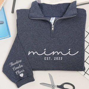 personalized mimi quarter zip sweatshirt embroidered with grandkids names custom grandma gift