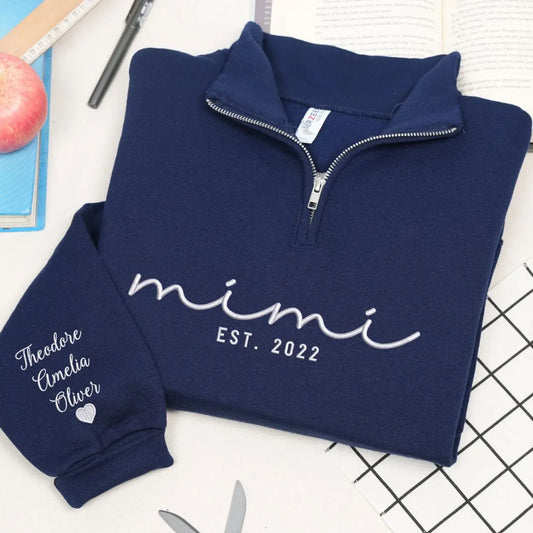 personalized mimi quarter zip sweatshirt embroidered with grandkids names custom grandma gift