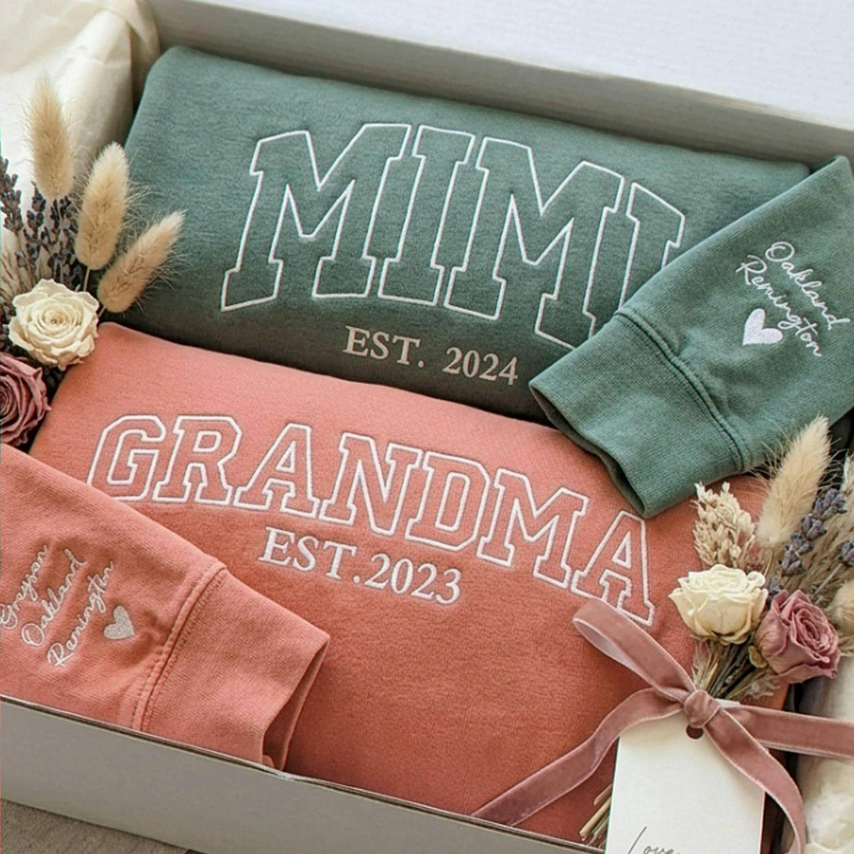 Embroidered First Time Grandma Sweatshirt - Personalized Mimi Est Year Crewneck with Kid's Name's