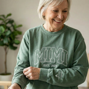 Embroidered First Time Grandma Sweatshirt - Personalized Mimi Est Year Crewneck with Kid's Name's