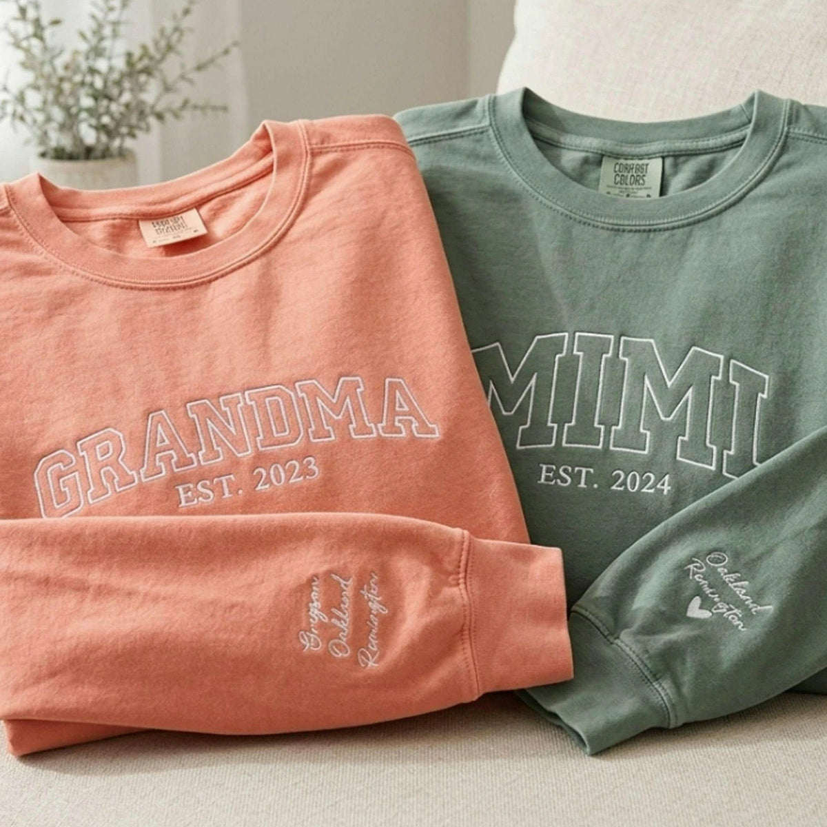 Embroidered First Time Grandma Sweatshirt - Personalized Mimi Est Year Crewneck with Kid's Name's