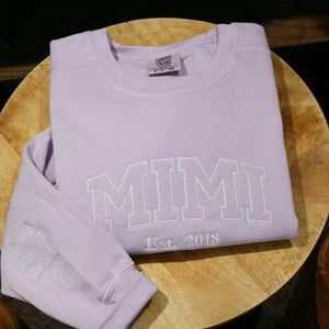 Embroidered First Time Grandma Sweatshirt - Personalized Mimi Est Year Crewneck with Kid's Name's