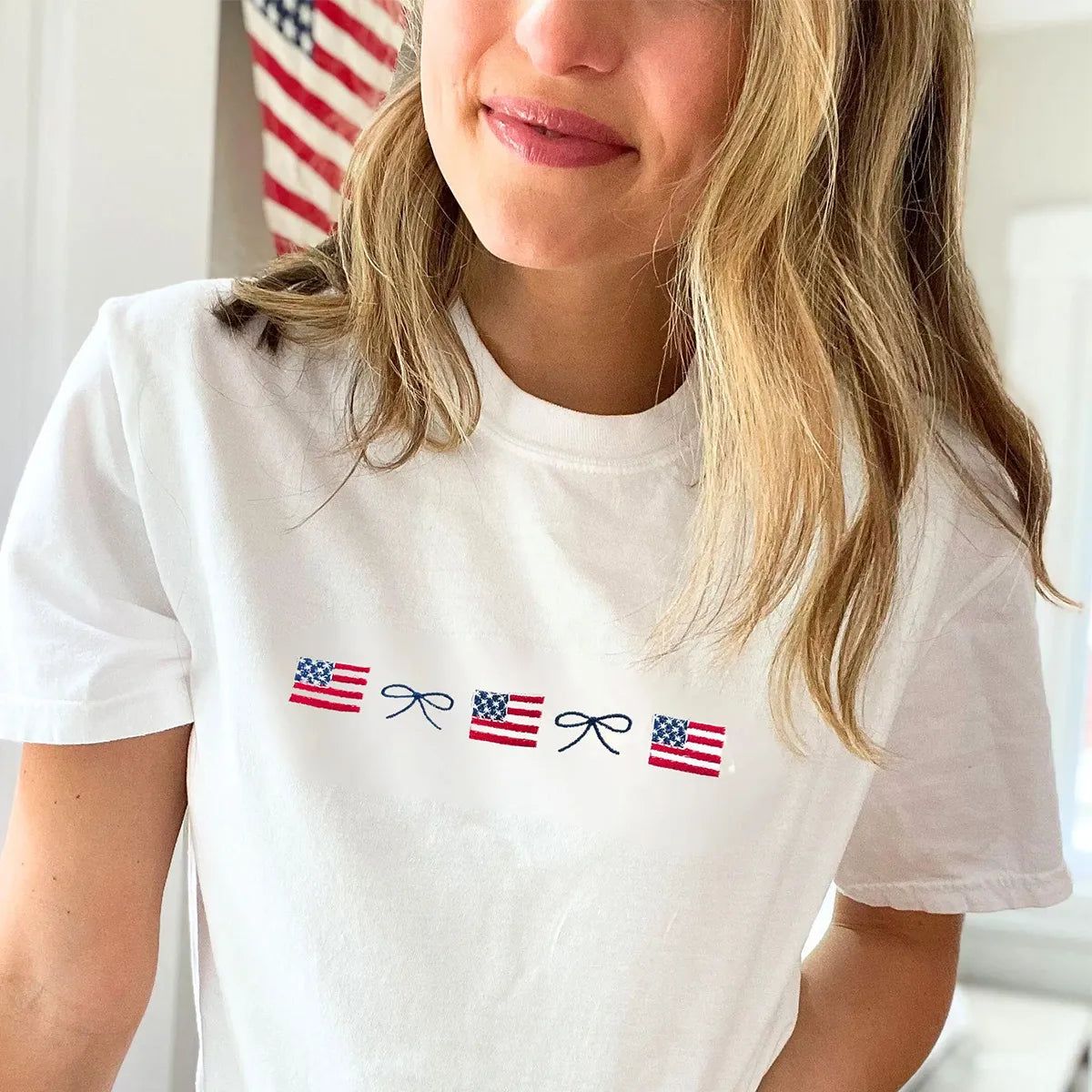 Embroidered American Flag & Bow Sweatshirt or T-Shirt – 4th of July Patriotic Apparel