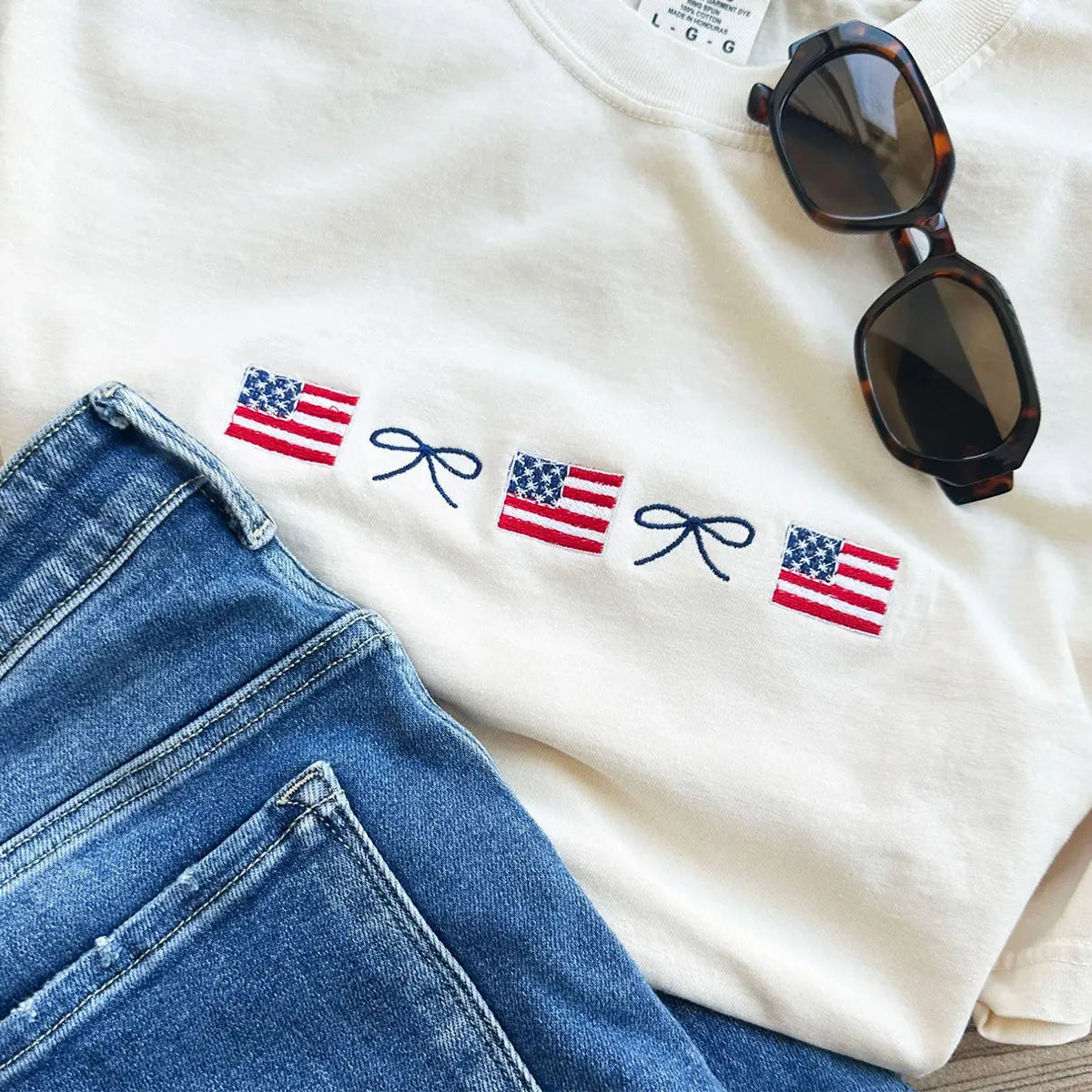 Embroidered American Flag & Bow Sweatshirt or T-Shirt – 4th of July Patriotic Apparel