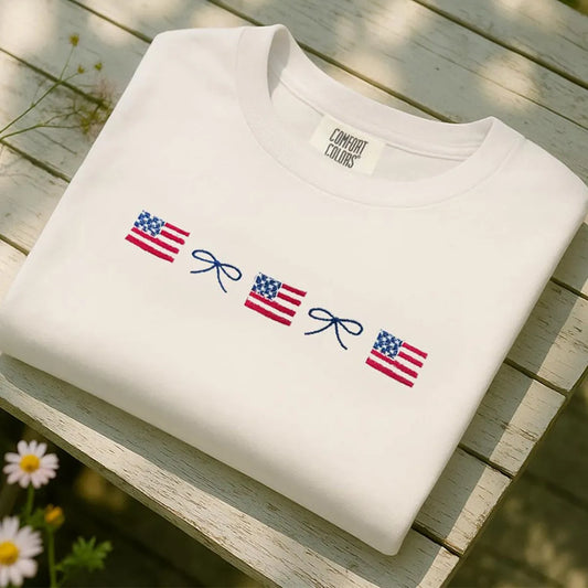 Embroidered American Flag & Bow Sweatshirt or T-Shirt – 4th of July Patriotic Apparel