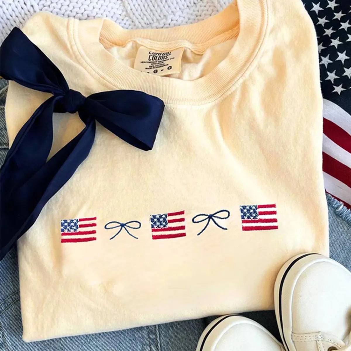 Embroidered American Flag & Bow Sweatshirt or T-Shirt – 4th of July Patriotic Apparel