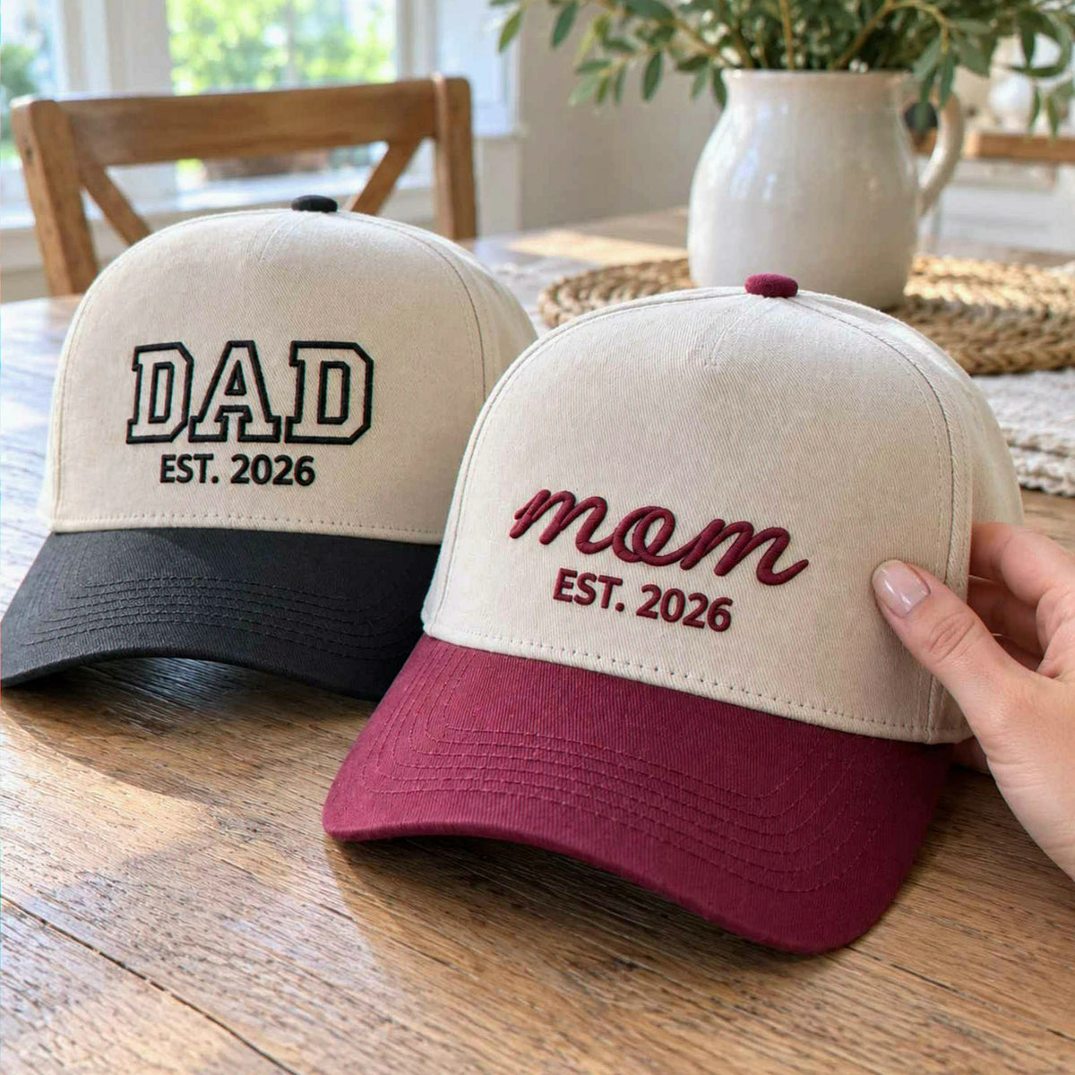 Matching Dad Mom Snapback Hat, Embroidered Est Year Baseball Cap, New Parents Gifts