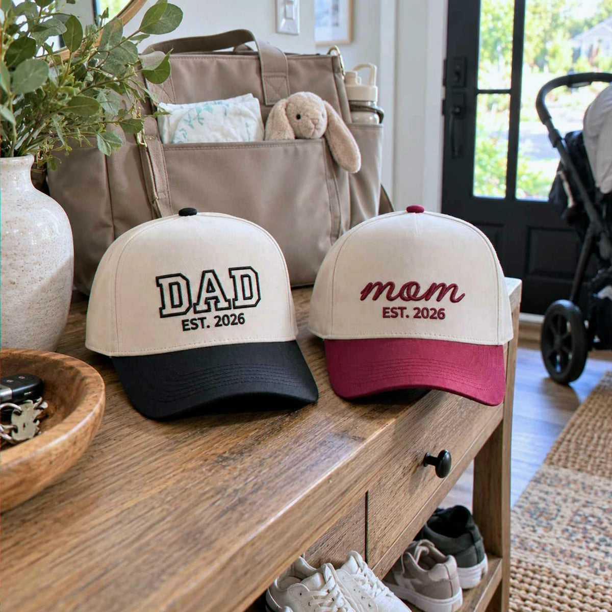 Matching Dad Mom Snapback Hat, Embroidered Est Year Baseball Cap, New Parents Gifts