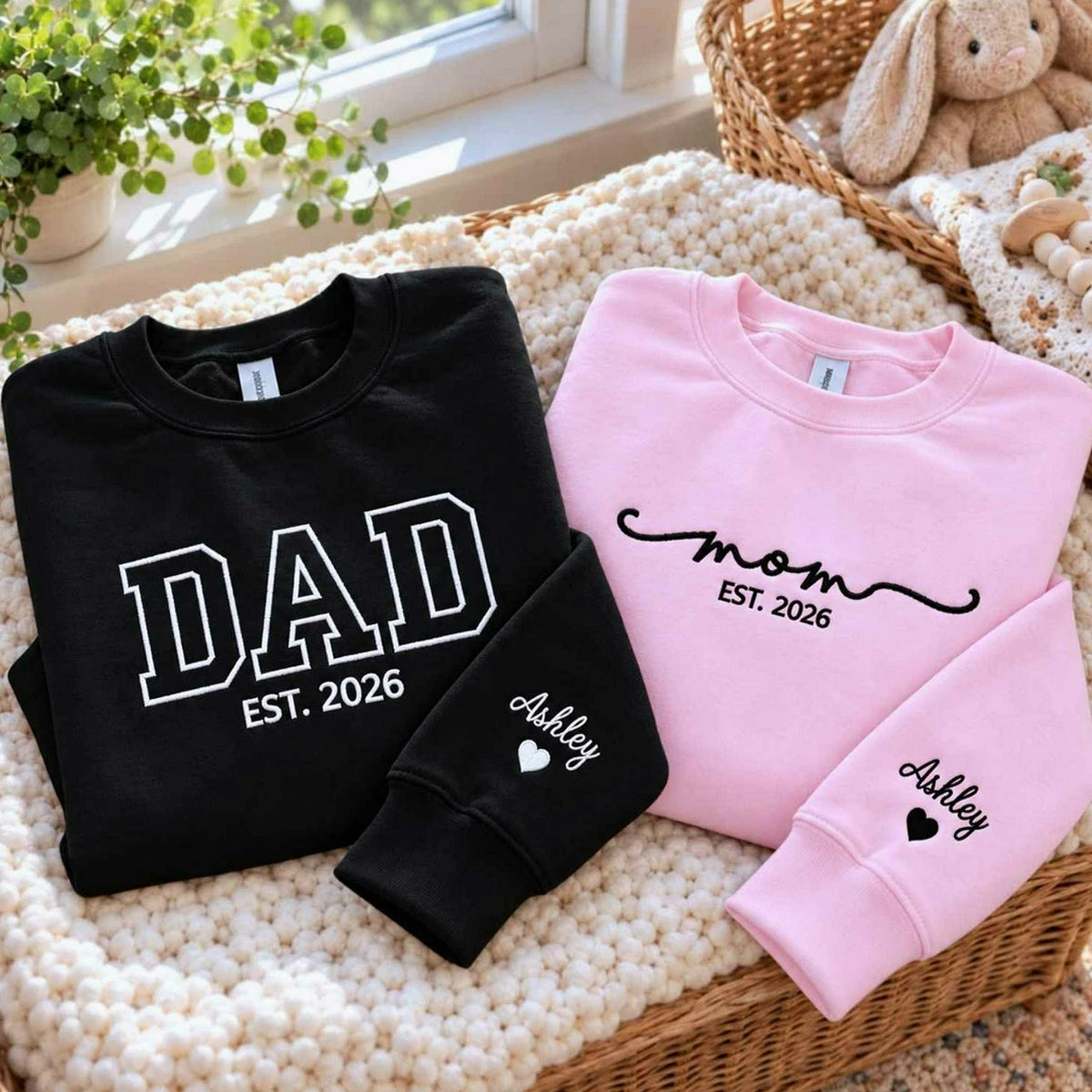 Matching Mom and Dad Sweatshirts, Embroidered Personalized Mom Dad Crewneck with Date, New Mom and Dad Gift