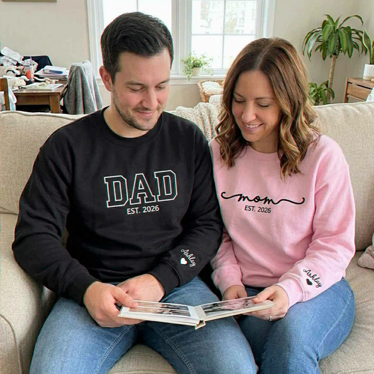 Matching Mom and Dad Sweatshirts, Embroidered Personalized Mom Dad Crewneck with Date, New Mom and Dad Gift
