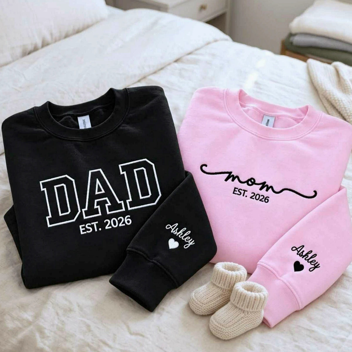 Matching Mom and Dad Sweatshirts, Embroidered Personalized Mom Dad Crewneck with Date, New Mom and Dad Gift