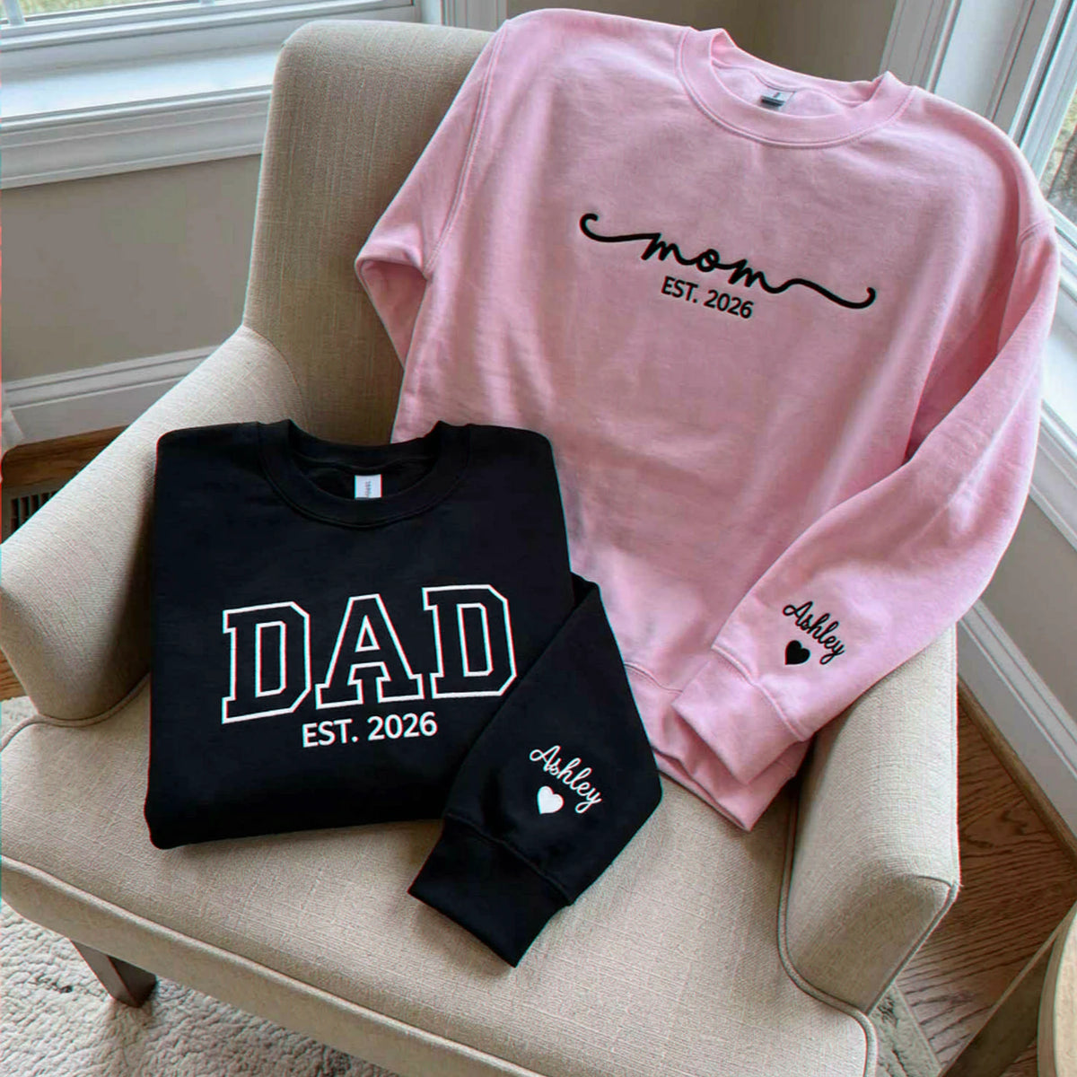 Matching Mom and Dad Sweatshirts, Embroidered Personalized Mom Dad Crewneck with Date, New Mom and Dad Gift